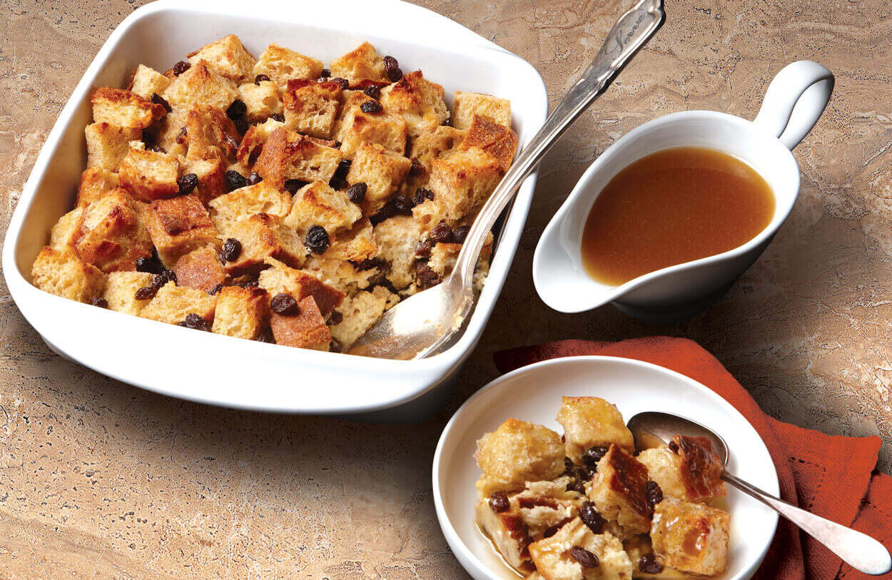 Spiced Raisin Bread Pudding with Vanilla Bourbon Sauce